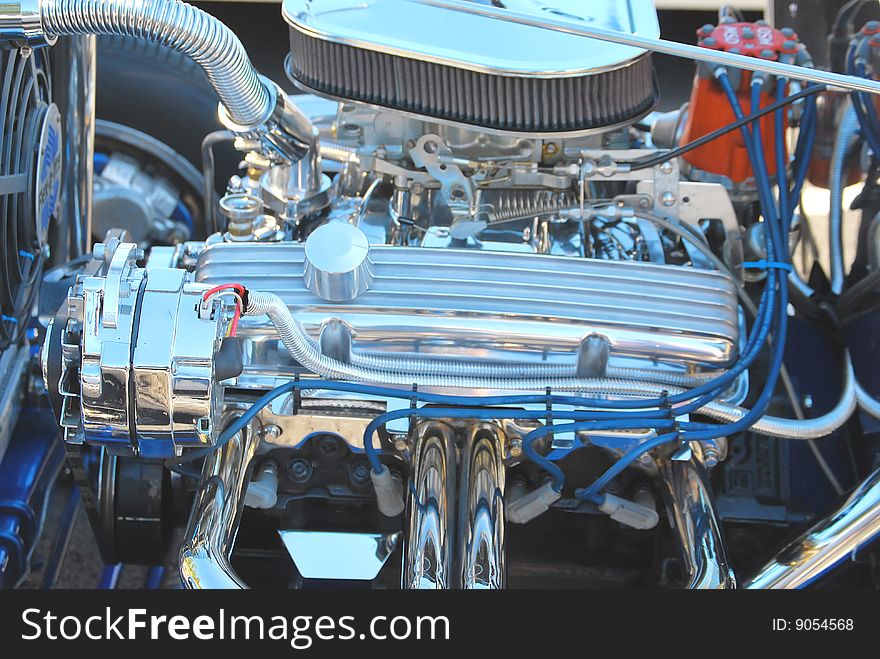 Close-up of a classic car's engine.