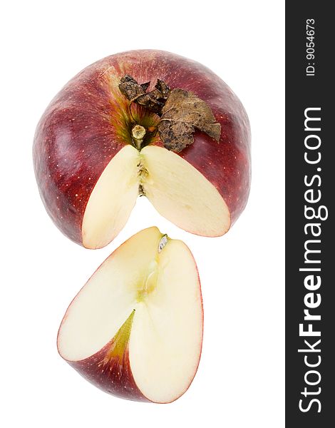 Red apple with dry leaf isolated. Clipping path
