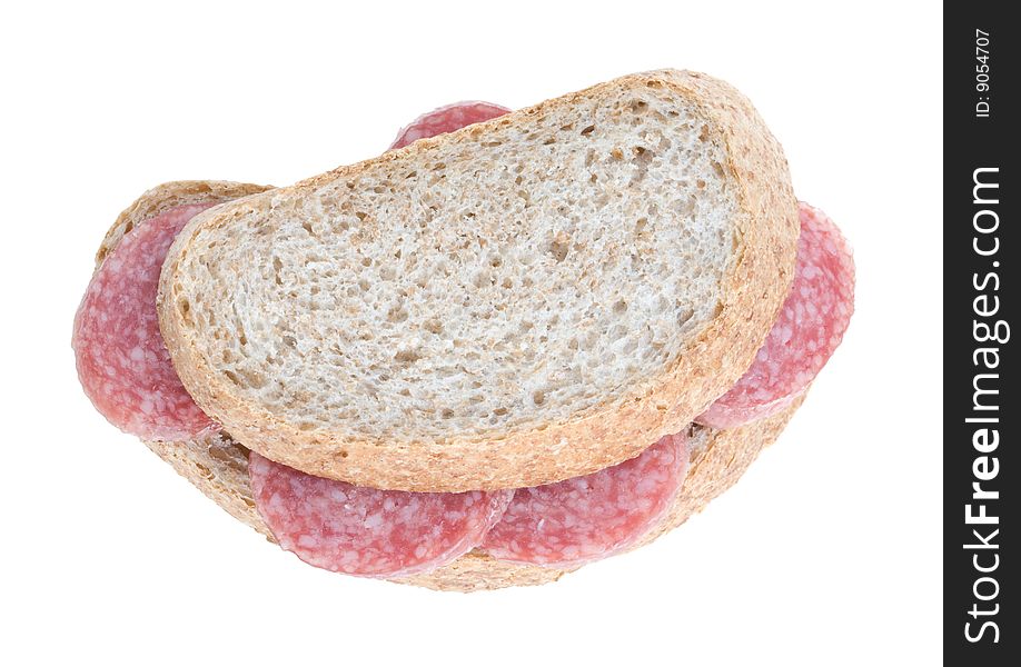Sandwich with salami isolated on white. Clipping path.