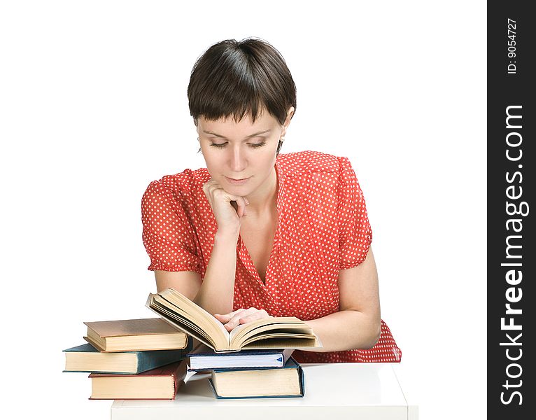 Young women read book on white background. Young women read book on white background