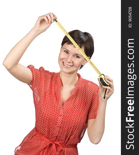 Young women with tape measure on white background. Young women with tape measure on white background