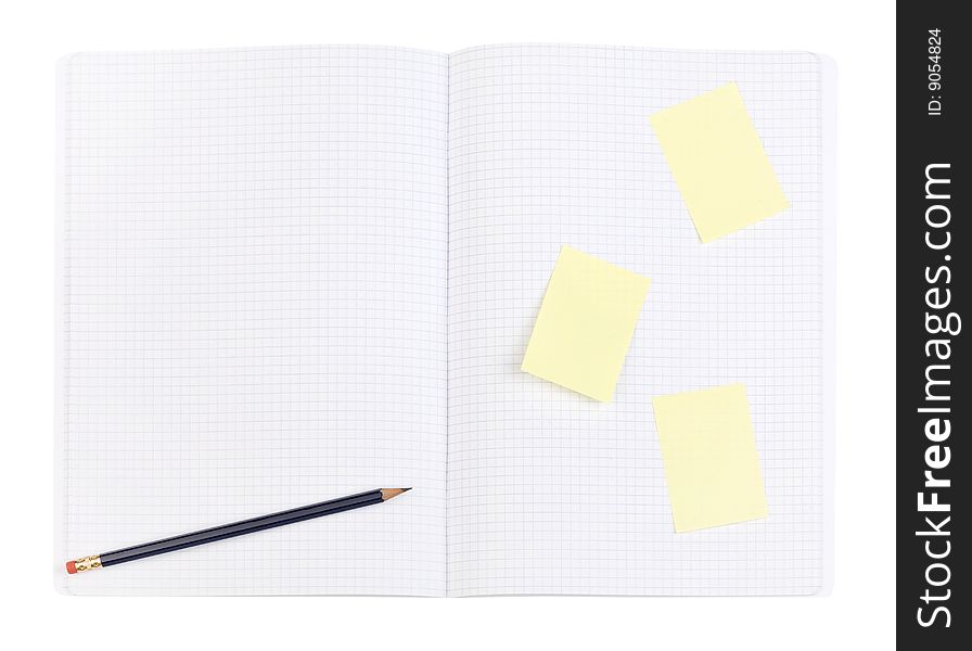 Blue pencil and yellow sticker on squared page. Pattern. Clipping path. Blue pencil and yellow sticker on squared page. Pattern. Clipping path.