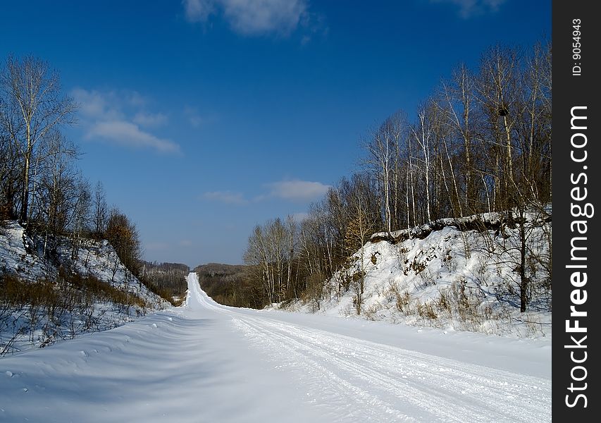 The Winter landscape road coverring snow in wood. The Winter landscape road coverring snow in wood