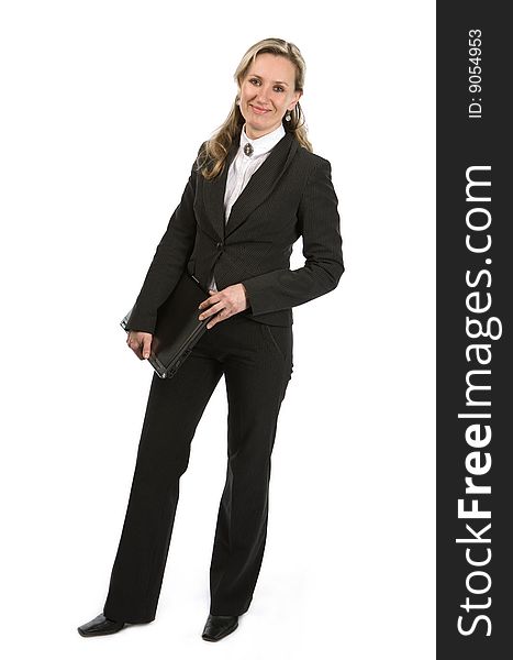 Businesswoman with laptop holding in hand on white background