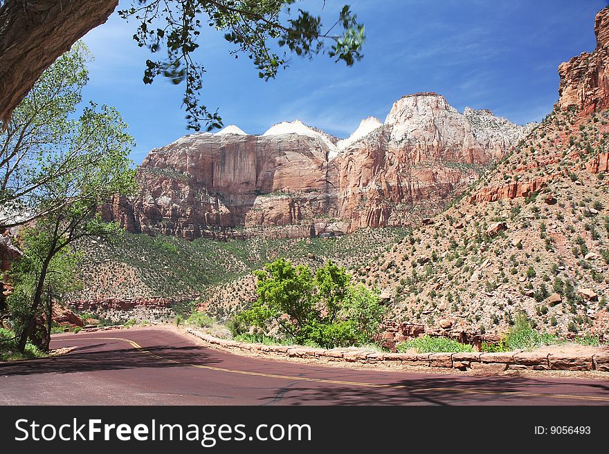 View of the road through Zion NP. View of the road through Zion NP
