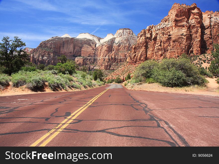 View of the road through Zion NP. View of the road through Zion NP