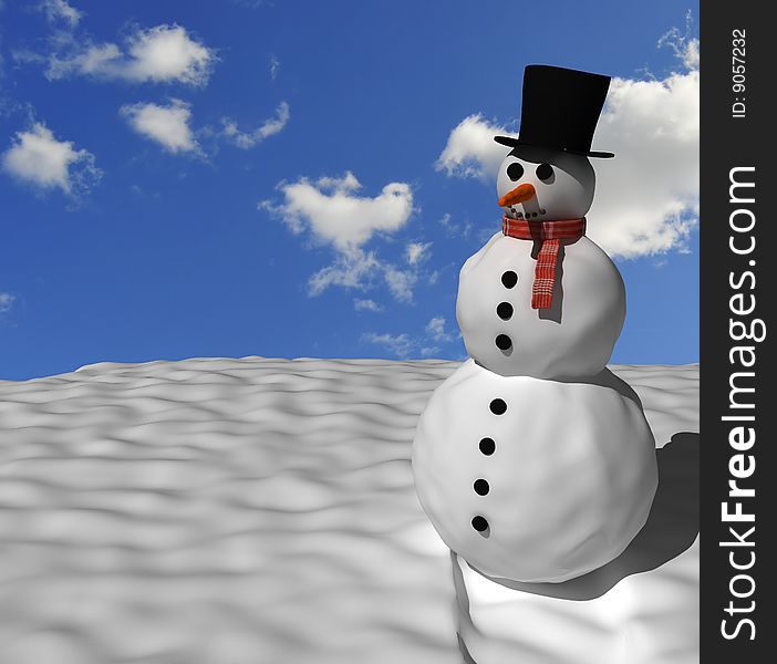 Nice looking snowman with perfect blue sky in the background.