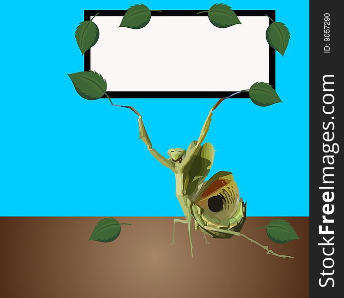 Praying mantis holding up a sign for your text. Praying mantis holding up a sign for your text...