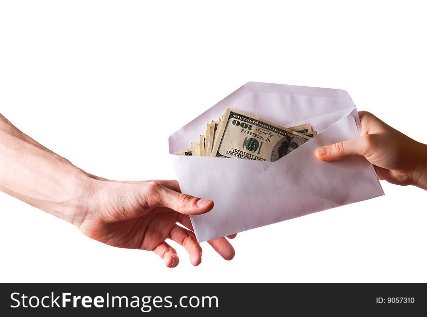 Hands and money banknotes on white with clipping path