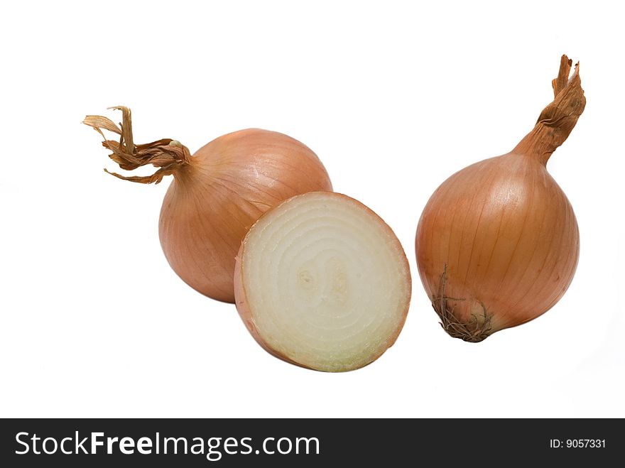 Three onions isolated on white background
