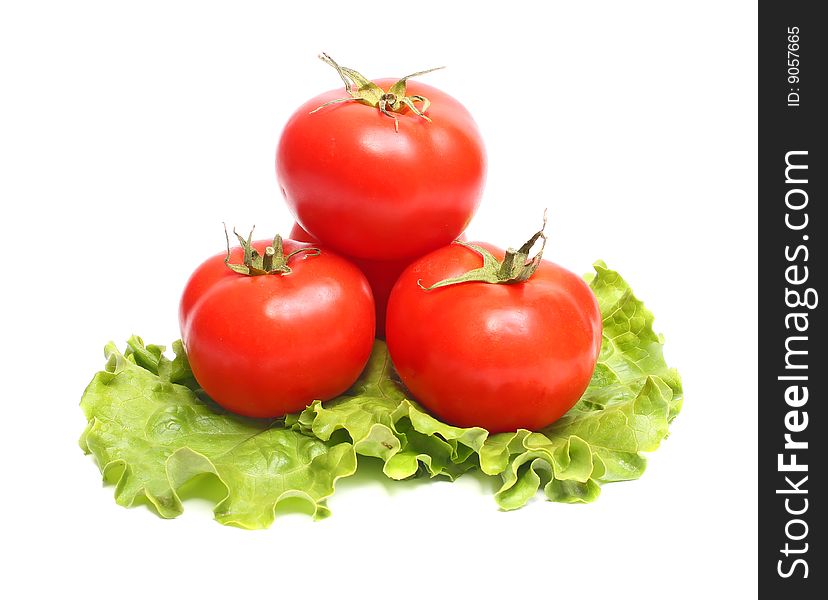 Red tomatoes and green lettuce isolated on white background