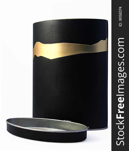 Black box with a gold strip with an open cover. Black box with a gold strip with an open cover