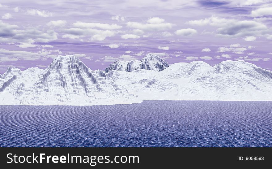 Snow peak mount on a blue sea