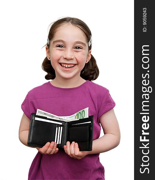 Smiling Little Girl Holds Wallet With Money