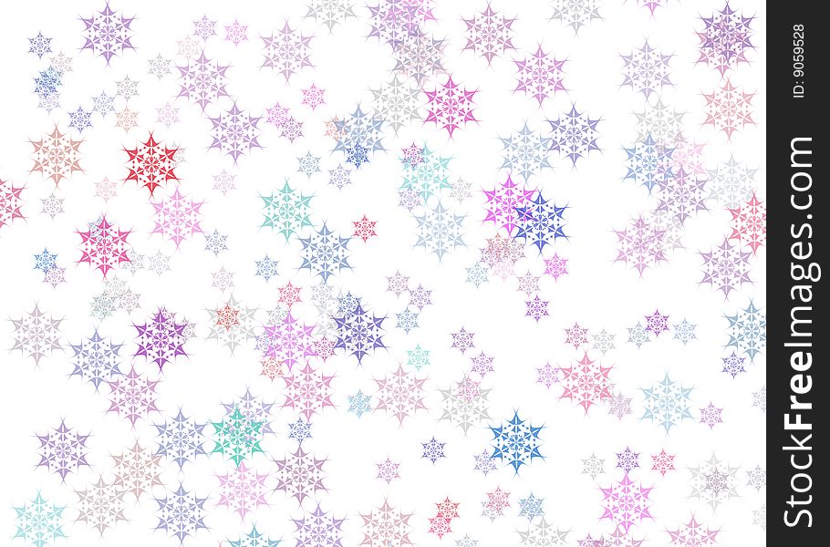 Colored snowflakes are featured in an abstract background illustration. Colored snowflakes are featured in an abstract background illustration.