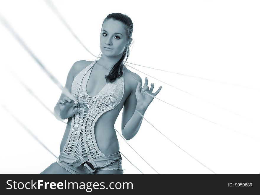 Young woman with many strings at white background. Young woman with many strings at white background