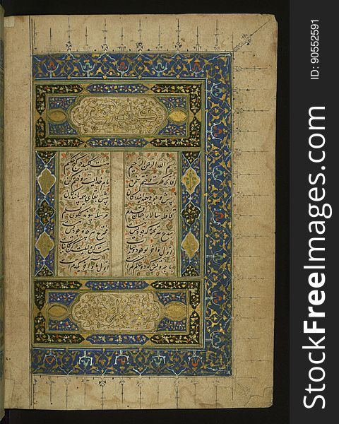 An elegant copy of the &#x22;Quintet&#x22; &#x28;Khamsah&#x29; of Niáº“ÄmÄ« GanjavÄ« &#x28;d.605 AH / 1209 CE&#x29; penned by AbÅ« Bakr ShÄh ibn á¸¤asan ibn Ê¿AlÄ« al-ShahrastÄnÄ« and illuminated by JamÄl al-DÄ«n ibn Muá¸¥ammad al-á¹¢iddÄ«qÄ« al-Iá¹£fahÄnÄ« between 892 AH / 1486 CE and 900 AH / 1494-05 CE. The present codex, opening with a double-page decoration and the inscription giving the name of the author and the title of the work,contains four additional illuminated headpieces with the names of the individual books and 26 repainted miniatures. The page is the first of a double-page decoration containing the title and the author&#x27;s name executed in gold thuluth script and placed in four cartouches. An elegant copy of the &#x22;Quintet&#x22; &#x28;Khamsah&#x29; of Niáº“ÄmÄ« GanjavÄ« &#x28;d.605 AH / 1209 CE&#x29; penned by AbÅ« Bakr ShÄh ibn á¸¤asan ibn Ê¿AlÄ« al-ShahrastÄnÄ« and illuminated by JamÄl al-DÄ«n ibn Muá¸¥ammad al-á¹¢iddÄ«qÄ« al-Iá¹£fahÄnÄ« between 892 AH / 1486 CE and 900 AH / 1494-05 CE. The present codex, opening with a double-page decoration and the inscription giving the name of the author and the title of the work,contains four additional illuminated headpieces with the names of the individual books and 26 repainted miniatures. The page is the first of a double-page decoration containing the title and the author&#x27;s name executed in gold thuluth script and placed in four cartouches.