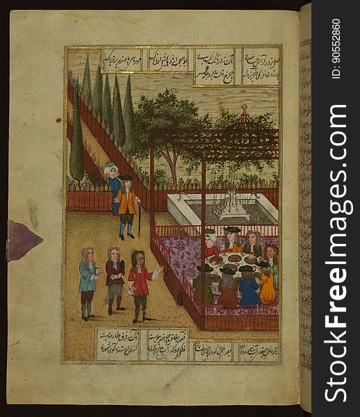 Five poems &#x28;quintet&#x29;, Tayyib and Tahir at a party with their rescuers in European attire, Walters Manuscript W.666, fol.