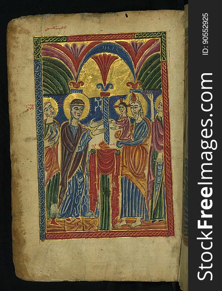 This manuscript was executed in 1475 by a scribe identified as Aristakes, for a priest named Hakob. It contains a series of 16 images on the life of Christ preceding the text of the gospels, as well as the traditional evangelist portraits, and there are marginal illustrations throughout. The style of the miniatures, which employ brilliant colors and emphasize decorative patterns, is characteristic of manuscript production in the region around Lake Van during the 15th century. The style of Lake Van has often been described in relation to schools of Islamic arts of the book. Numerous inscriptions &#x28;on fols. 258-60&#x29; spanning a few centuries attest to the manuscript&#x27;s long history of use and revered preservation. The codex&#x27;s later history included a re-binding with silver covers from Kayseri that date to approximately 1700. This jeweled and enameled silver binding bears a composition of the Adoration of the Magi on the front and the Ascension on the back. This manuscript was executed in 1475 by a scribe identified as Aristakes, for a priest named Hakob. It contains a series of 16 images on the life of Christ preceding the text of the gospels, as well as the traditional evangelist portraits, and there are marginal illustrations throughout. The style of the miniatures, which employ brilliant colors and emphasize decorative patterns, is characteristic of manuscript production in the region around Lake Van during the 15th century. The style of Lake Van has often been described in relation to schools of Islamic arts of the book. Numerous inscriptions &#x28;on fols. 258-60&#x29; spanning a few centuries attest to the manuscript&#x27;s long history of use and revered preservation. The codex&#x27;s later history included a re-binding with silver covers from Kayseri that date to approximately 1700. This jeweled and enameled silver binding bears a composition of the Adoration of the Magi on the front and the Ascension on the back.