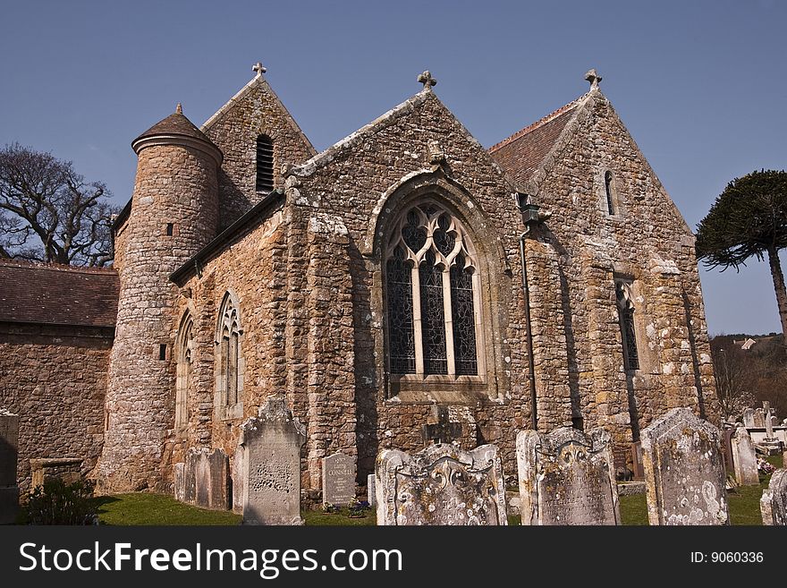 A beautiful church on an immaculate Jersey spring day with unusual round tower on the left. A beautiful church on an immaculate Jersey spring day with unusual round tower on the left.