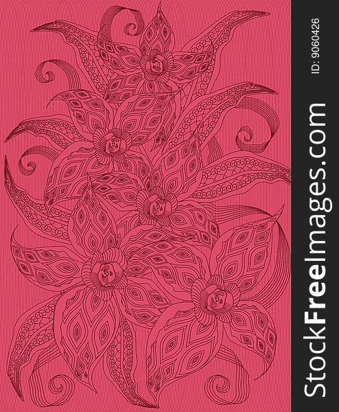 lilies with abstract patterns on a graphic crimson background. lilies with abstract patterns on a graphic crimson background