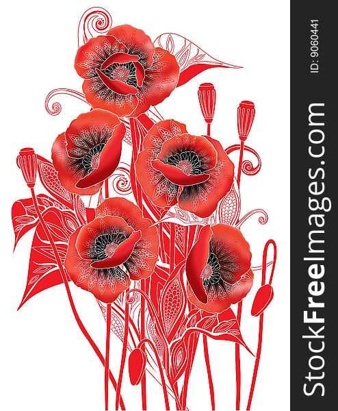 red poppies with a decorative pattern on a white background. red poppies with a decorative pattern on a white background