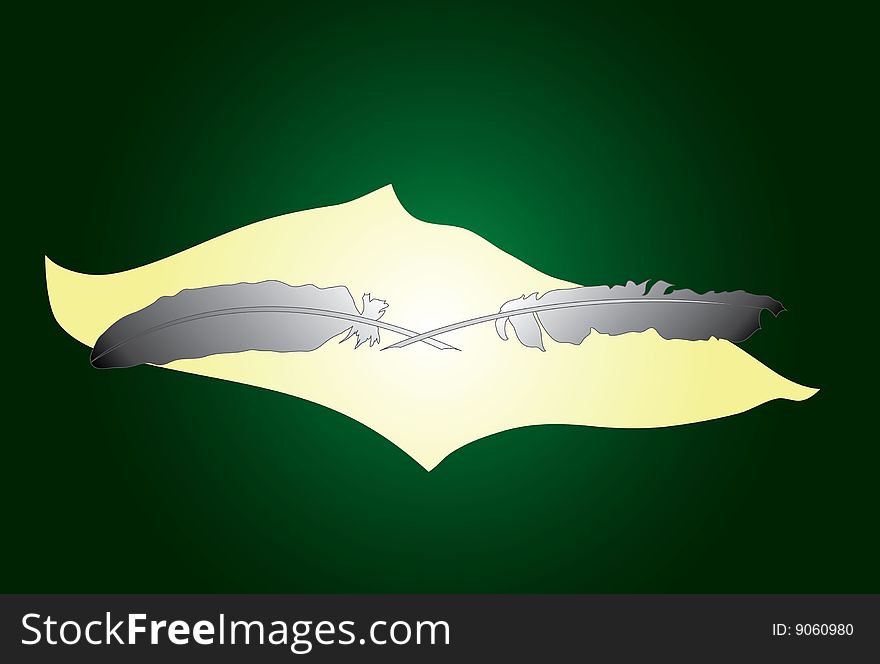 Vector illustration of two feathers for the letter and a sheet of paper on a green background