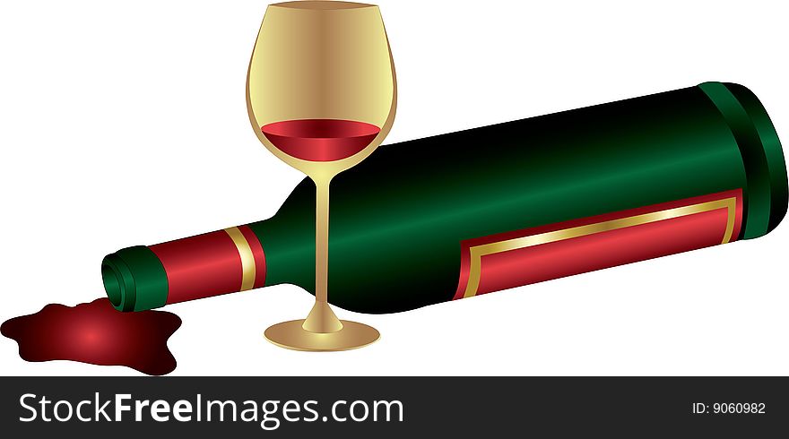 Vector illustration of a glass with red wine near a lying wine bottle near the spilt red wine on a white background. Vector illustration of a glass with red wine near a lying wine bottle near the spilt red wine on a white background