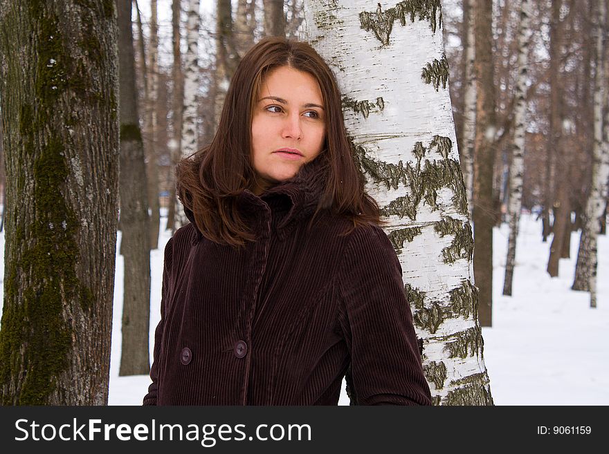 The beautiful woman in wood costs having leant against a birch