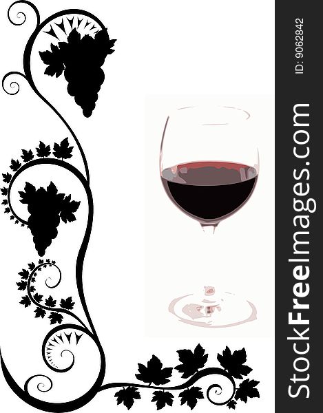 A wine glass on a white background with black flourishes. A wine glass on a white background with black flourishes