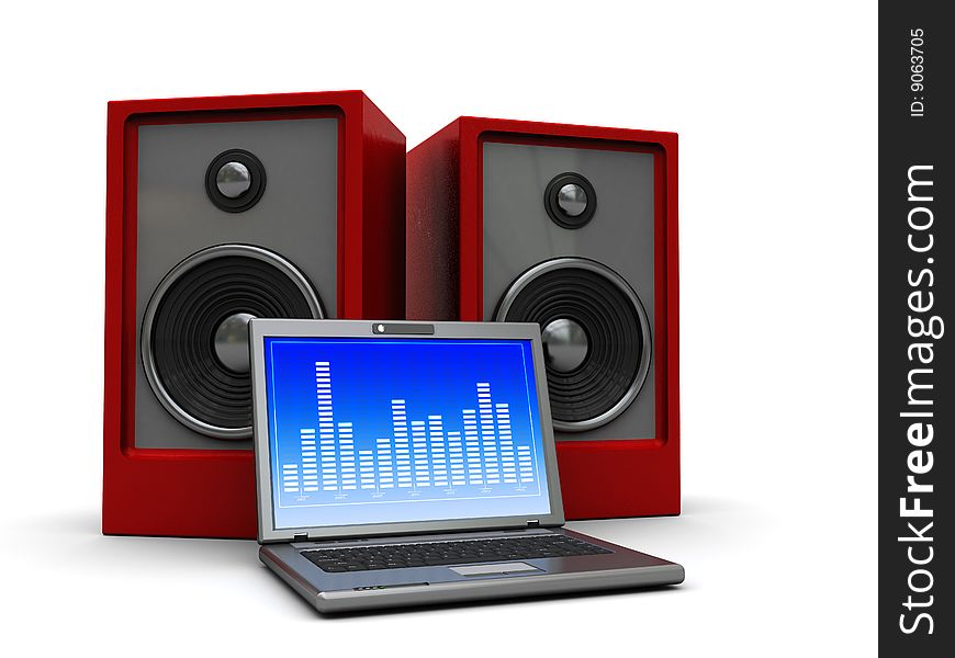3d illustration of laptop playing music with sound system. 3d illustration of laptop playing music with sound system