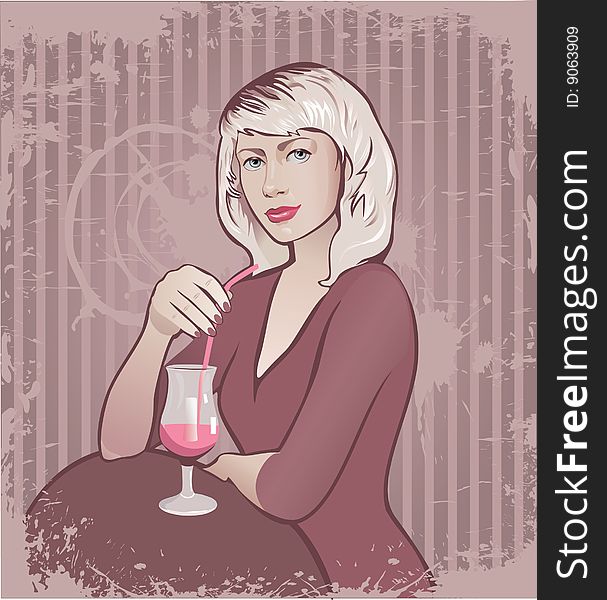 Woman with drink on a pink background. Woman with drink on a pink background
