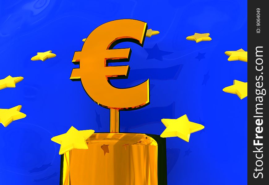 Abstract 3d illustration of euro sign over blue background. Abstract 3d illustration of euro sign over blue background