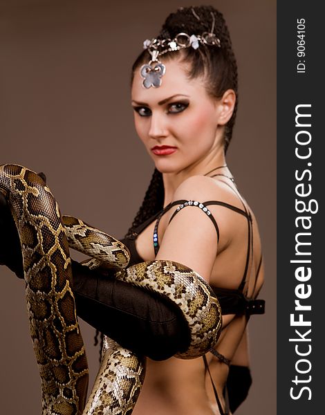 Gorgeous brunette holding boa constrictor. Gorgeous brunette holding boa constrictor