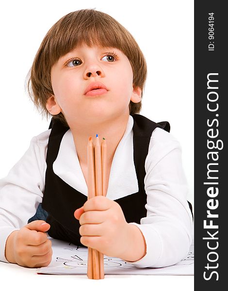 Adorable little boy with pencil, over white