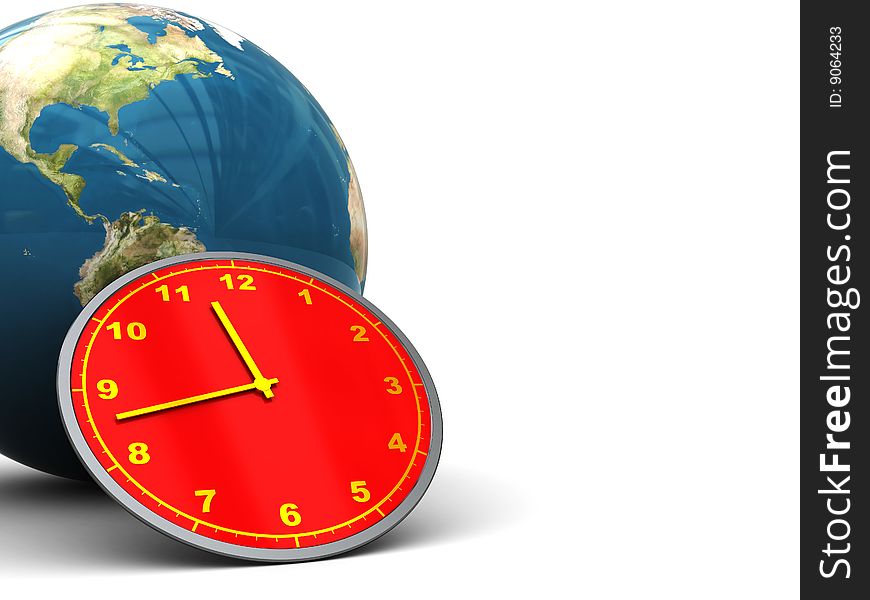 3d illstration of an background with earth globe and clock on left side. 3d illstration of an background with earth globe and clock on left side