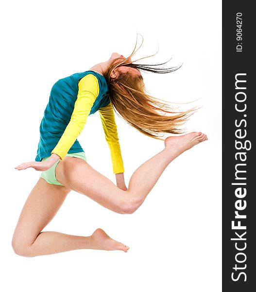 Young attractive blond jumping with hair flying. Young attractive blond jumping with hair flying