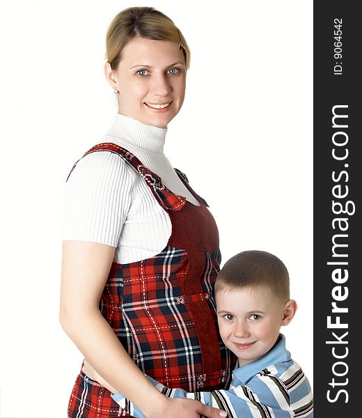Pregnant mum with the son on isolated. Pregnant mum with the son on isolated