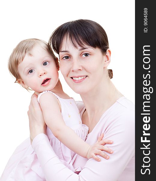 Portrait of a little girl with mom - isolated on white