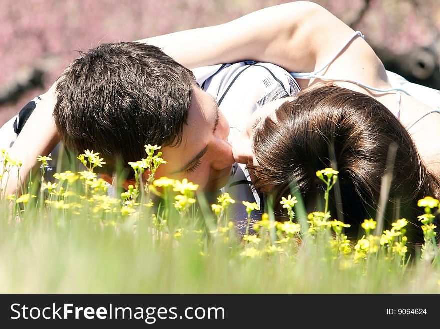 Young loving couple outdoors portrait