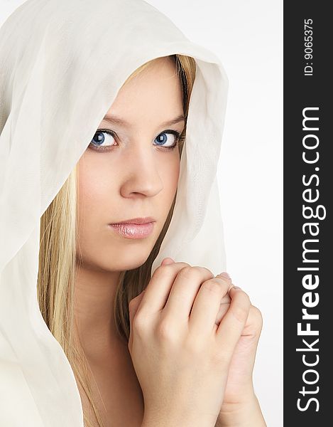 Women prayer on white background portrait