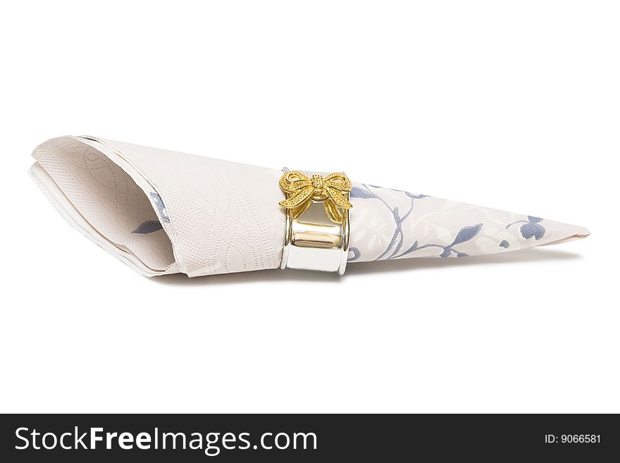 Paper napkin with gold bows on white background