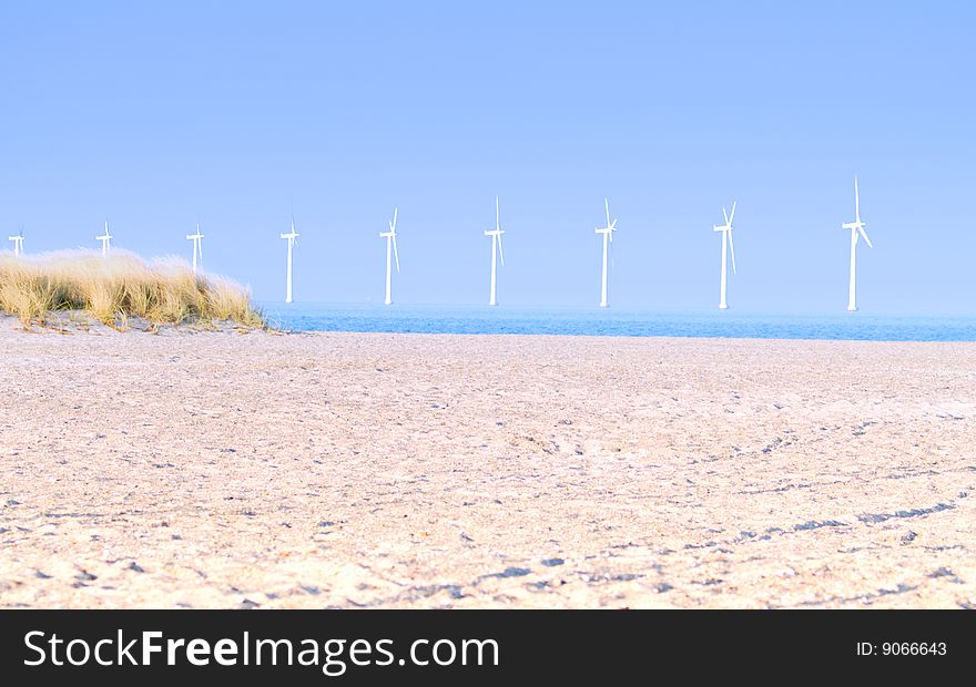 Landscape of a clean modern beach with wind  generators