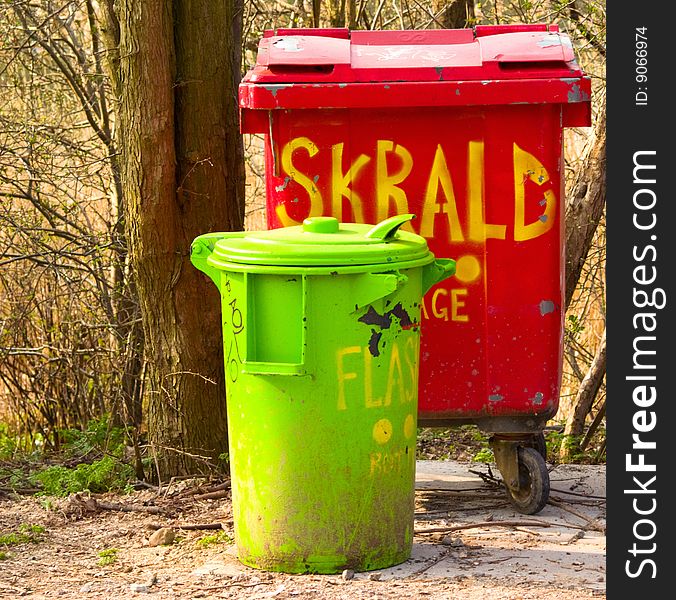 Urban environment - plastic rubbish bins in a recycling centre in Denmark