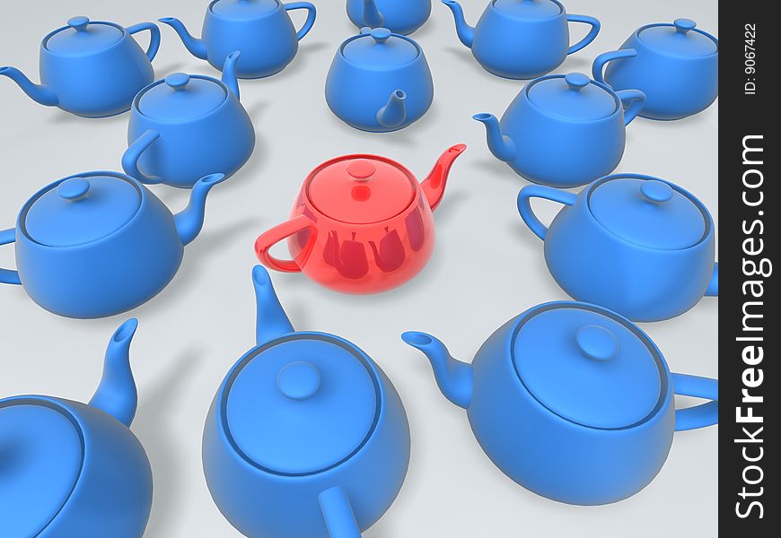 Unique red teapot in group of blue teapots