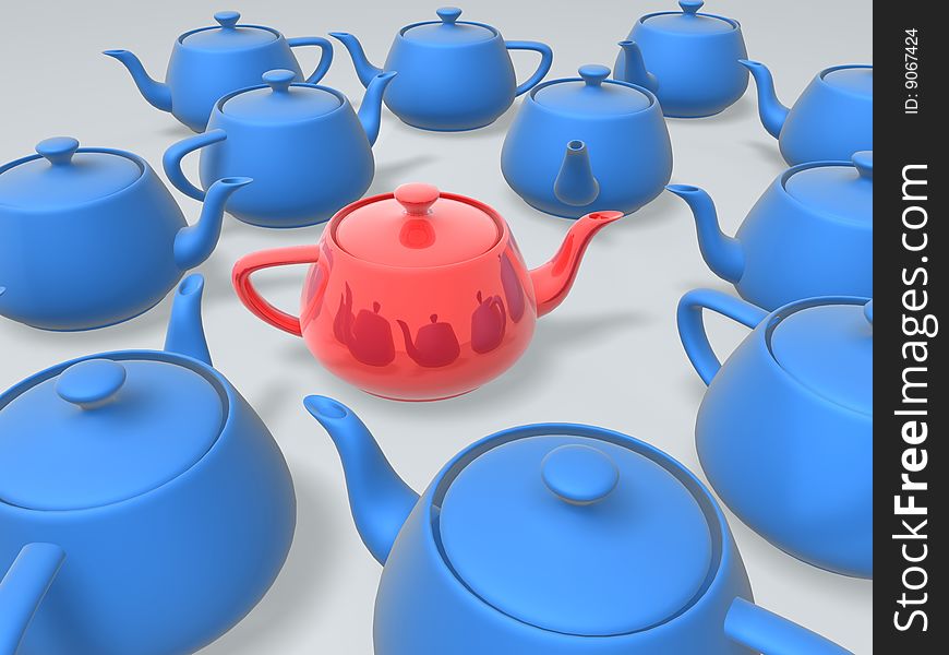 Unique red teapot in group of blue teapots