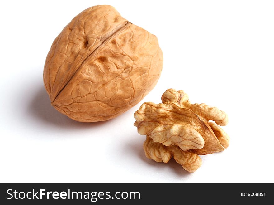 Two walnuts on white background. Two walnuts on white background