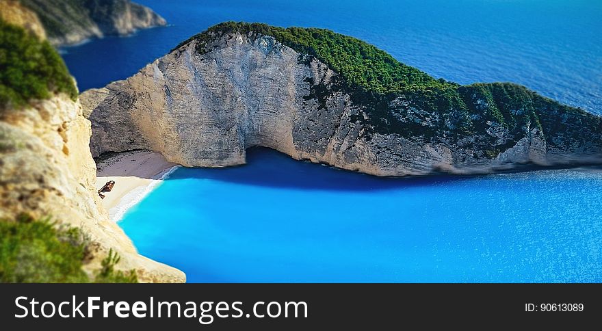 Navagio Beach or Shipwreck Beach, an exposed cove on the coast of Zakynthos, in the Ionian Islands of Greece.