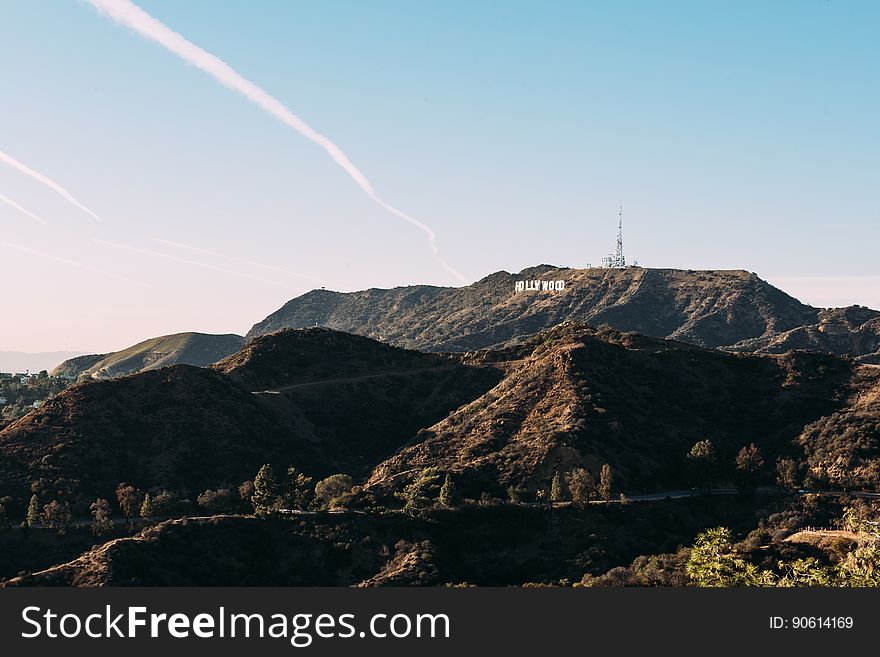 The Hollywood sign on mount Lee on the Hollywood hills on the Santa Monica mountains in Los Angeles, California, USA.
