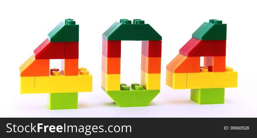 Colorful graphic 404 error code in plastic children's blocks on white. Colorful graphic 404 error code in plastic children's blocks on white.